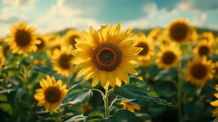 Fototapeta premium Sunlit Field of Blossoming Sunflowers