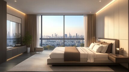 Stylish modern bedroom with minimalist design, featuring a large window with a city view and neutral tones. 3D Rendering.  