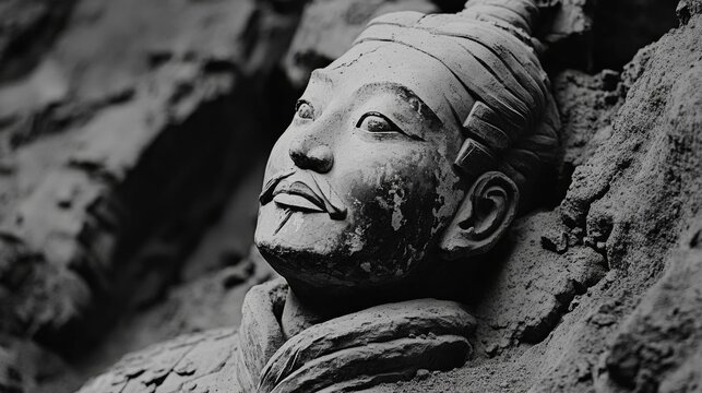 A close-up of a terracotta warrior's face, weathered and ancient, gazing upwards.