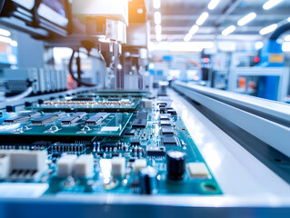 Fototapeta na wymiar Modern electronics manufacturing facility showcasing advanced machinery and circuit boards. image captures intricate details of production process, highlighting technology and precision