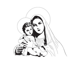 Virgin Mary and Infant Jesus Vector Madonna and Child Catholic religious Illustration 