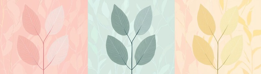 Soft pastel leaves against vibrant backgrounds create a serene and modern aesthetic, perfect for nature-themed designs.