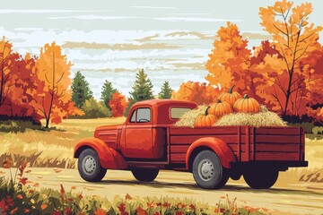Vintage red truck carrying pumpkins through a colorful autumn landscape with vibrant trees and a serene sky.