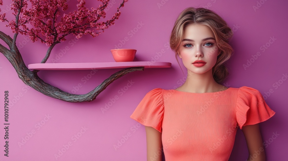 Canvas Prints A woman in a pink dress poses beside a pink wall and shelf.