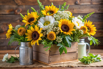 Obraz premium Rustic sunflower and daisy arrangement in wooden box with metal accents