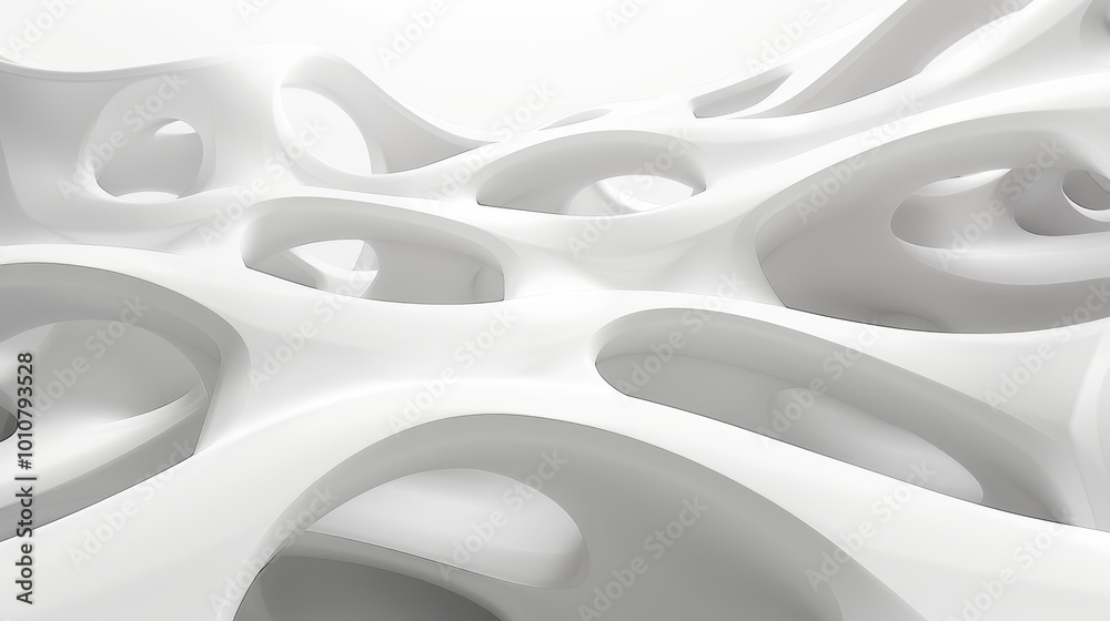 Poster abstract white organic texture background. 3d geometric shape with holes and curves.