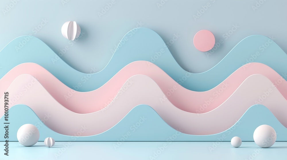 Poster abstract pastel blue and pink paper wave background. minimalist design with 3d sphere and geometric 