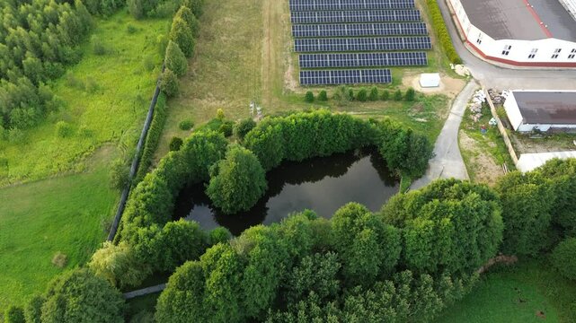 Aerial view of industrial building with water-to-water heat pump system