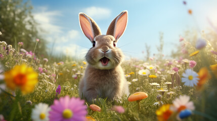 Easter bunny jumps on a flower meadow