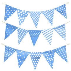 Obraz premium Blue and white patterned pennant banners, isolated on white. Perfect for parties, celebrations, or festive decorations. 