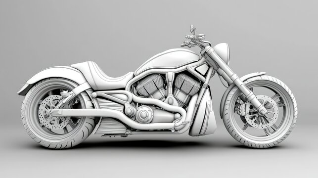 A white, 3D rendered model of a cruiser motorcycle with a single seat and black tires.