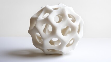 A white, geometric, 3D printed sphere with a honeycomb pattern.