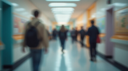 Fototapeta premium Abstract image of a school corridor during a break between lessons with blurred figures of schoolchildren