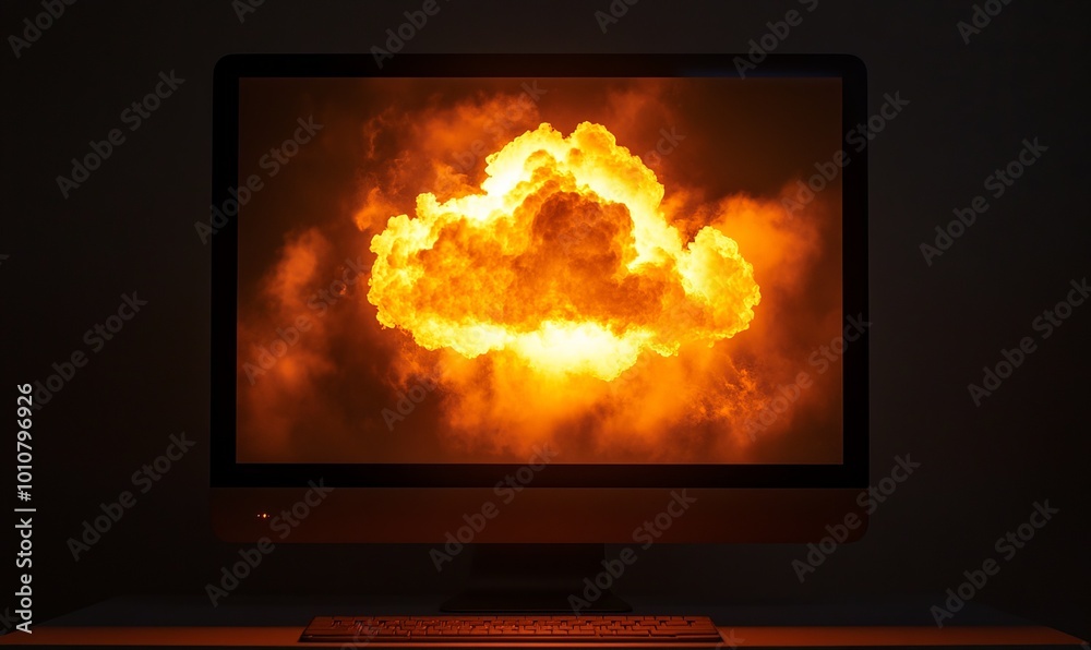 Wall mural a cloud is displayed on a computer screen with a bright orange glow