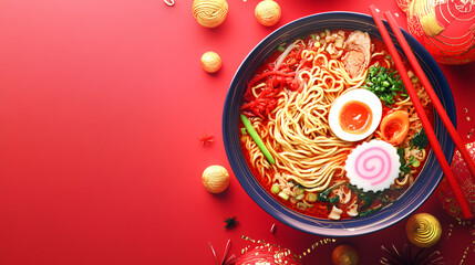 Obraz premium 3D bowl of ramen with vibrant colors, cultural decorations around, created with Generative AI