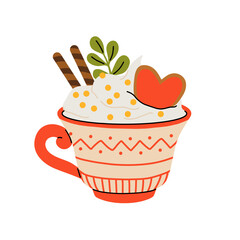 Christmas and Happy New Year illustration. Mugs of cacao with whipped cream, marshmallow and candy cane. Greeting card for Xmas, New year or winter holidays. Vector design template.