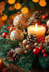 Rustic Christmas Candles with Pinecones and Ornaments. Festive Table Decoration with Christmas Candles and Ornaments