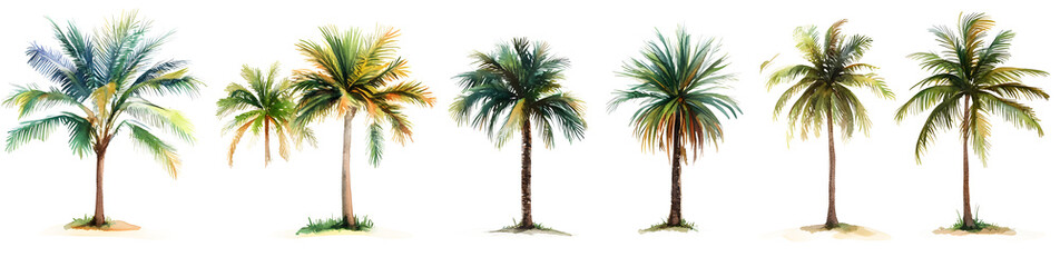 Set of various beautiful watercolour tropical palm trees isolated on transparent background.&nbsp;