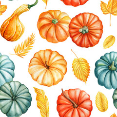 Colorful pumpkins, fall foliage seamless pattern. Autumn watercolor hand-painted nature pattern for seasonal designs