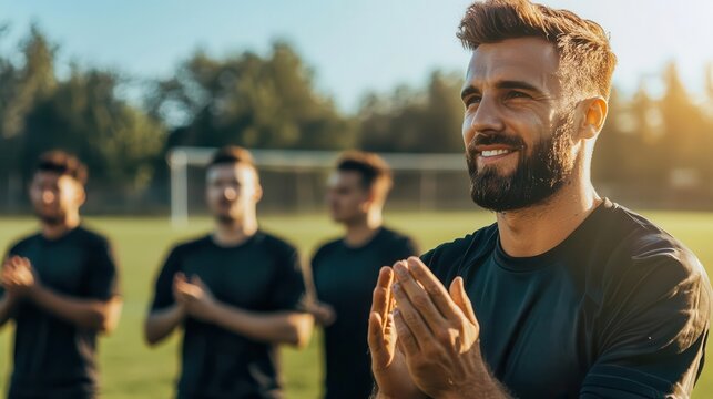 Coach clapping and motivating players during a pregame warmup, soccer, coaching, preparation