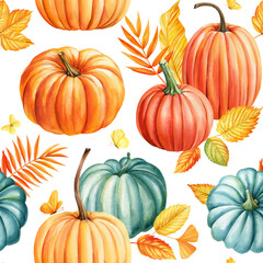 Colorful pumpkins, leaves and butterflies, Autumn Vibes seamless pattern. Watercolor hand-painted bright color pattern