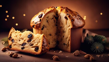Christmas Panettone with raisins on a bright background