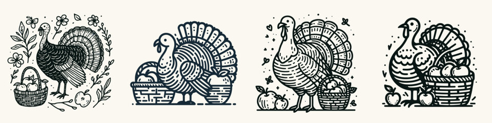 Fototapeta premium A collection of vintage-style turkey illustrations, showcasing intricate designs and natural elements, ideal for seasonal decor or festive themes.