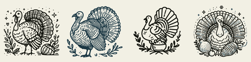 Fototapeta premium Four vintage-style illustrations of turkeys, each with distinct details and decorative elements, capturing a charming rustic aesthetic.