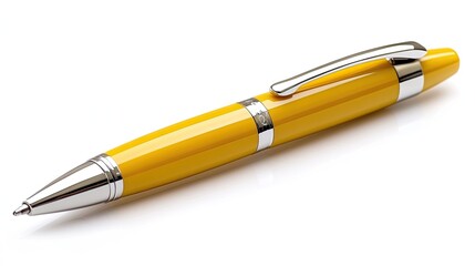 Naklejka premium A yellow ballpoint pen with chrome accents on a white background.