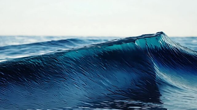 A beautiful blue wave breaks in the ocean. The sunlight creates a stunning reflection on the water.