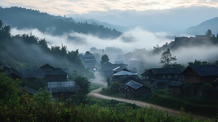 Fototapeta premium Serene village landscape shrouded in morning mist, showcasing tranquil rural life.