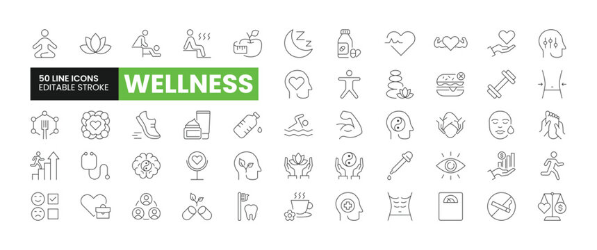 Set of 50 Wellness line icons set. Wellness outline icons with editable stroke collection. Includes Diet, Yoga, Mental Health, Skincare, Work-Life Balance, and More.