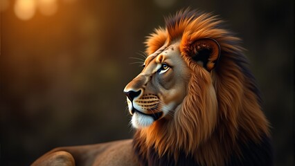 Fototapeta premium A lion with a golden mane lies on the ground and looks into the distance