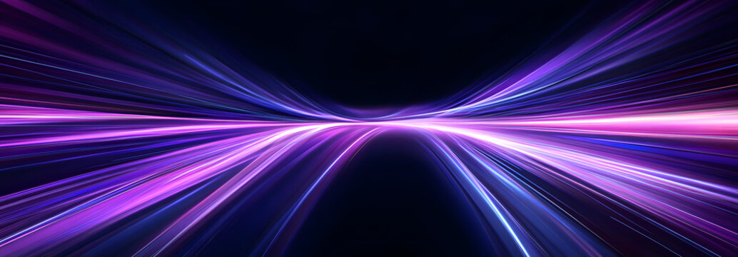 Panoramic high speed technology concept, light abstract background. High-speed light trails effect. Purple glowing wave swirl, impulse cable lines.