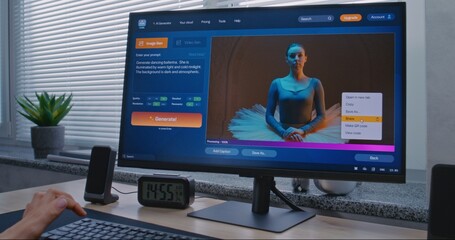 Naklejka premium Adult woman enters prompt in artificial intelligence chatbot on personal computer. AI image generator generate detailed high-quality image portrait of ballerina. Advanced AI generated photo creation.