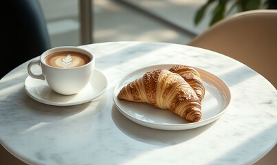 A modern breakfast scene displaying two croissants and a cup of coffee on a white plate, set on a marble table, conveying a sense of luxury and simplicity