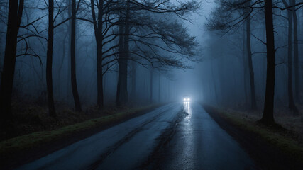 Obraz premium Car headlights illuminate a foggy forest road at night, casting an eerie glow in the misty atmosphere.
