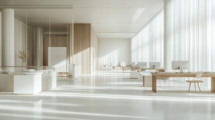 Fototapeta premium Wide-angle shot of a bright open office with minimalist furniture and sleek workstations