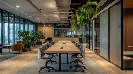 Fototapeta premium Wide-angle shot of a spacious modern office with communal work tables and ergonomic chairs