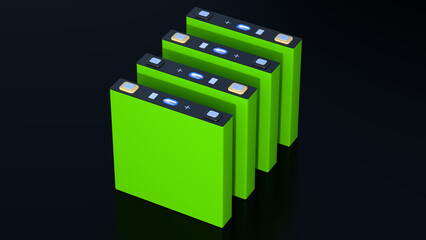 green prismatic LFP cell, NMC Prismatic battery's for electric vehicles and energy storage, 3d rendering, mass production accumulators high power