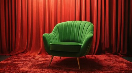 Vintage Green Chair Against Red Backdrop