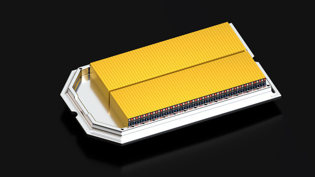 Skateboard style LFP EV cell, NMC Prismatic Battery pack for electric or Hybrid vehicles on aluminum platform, Sustainable Energy Solutions, Innovations in Energy Storage, 3d rendering