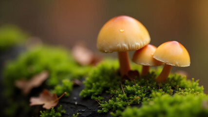 Tiny mushroom on mossy surface with fallen leaf in autumn