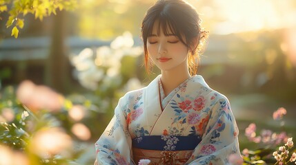 Fototapeta premium A medium shot of a beautiful Japanese woman sitting gracefully in a traditional Japanese garden, wearing an exquisite kimono adorned with floral patterns