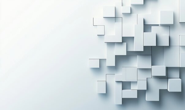 3D blocks of different shapes and sizes interlock to create a wall. White Tech background with copy-space