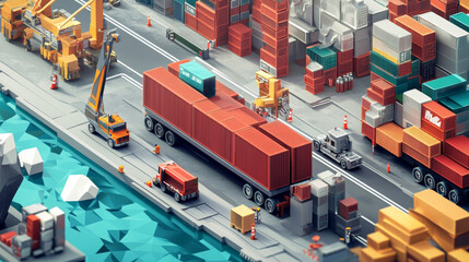 Third-Party Logistics (3PL): Transport, Cargo Export, and Import. Integrated Warehousing and Transportation Operation Services. Air, Road, and Maritime Delivery. Digital Polygonal Low Poly 3D Mesh Ill
