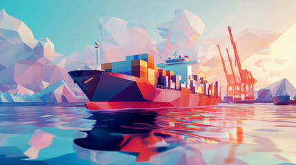 Third-Party Logistics (3PL): Transport, Cargo Export, and Import. Integrated Warehousing and Transportation Operation Services. Air, Road, and Maritime Delivery. Digital Polygonal Low Poly 3D Mesh Ill