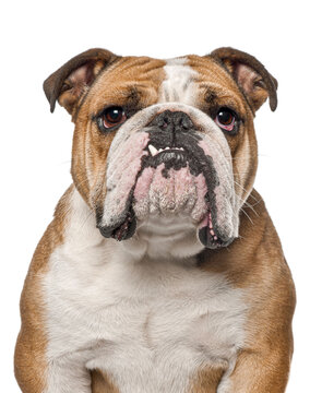 Head shot of English Bulldog, 5 years old, looking at the camerashowing a tooth, Cut out, remastered