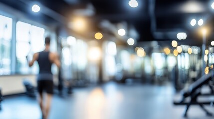 A blurred image of a gym with a person jogging, emphasizing fitness and exercise.