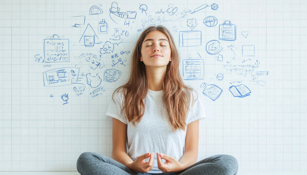Young woman is meditating in the lotus position in front of a whiteboard full of business ideas, finding a moment of peace